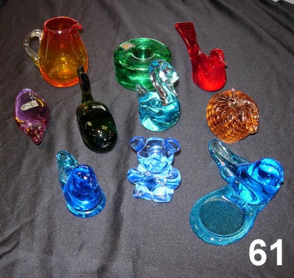 GLASS PAPERWEIGHT LOT HANDBLOWN CANDLEHOLDERS ETC: HANDBLOWN GLASS LOT INCL. PILGRAM AND BLENKO GLASS - 4 BIRDS, BEAR, APPLE, WHALE, MANATEE, CANDLE HOLDER AND GOLD CREAMER