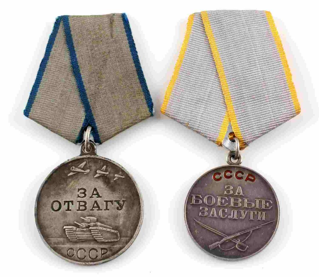 GROUP OF 2 ORIGINAL WWII SOVIET RUSSIAN MEDALS: Group of 2 WWII Soviet Russian medals. "For Bravery" and "For Military Merits" medals in this group. Measure 3.5 inches long and 1.5 inches in diameter. Very good condition. Unauthenticated; sold as i