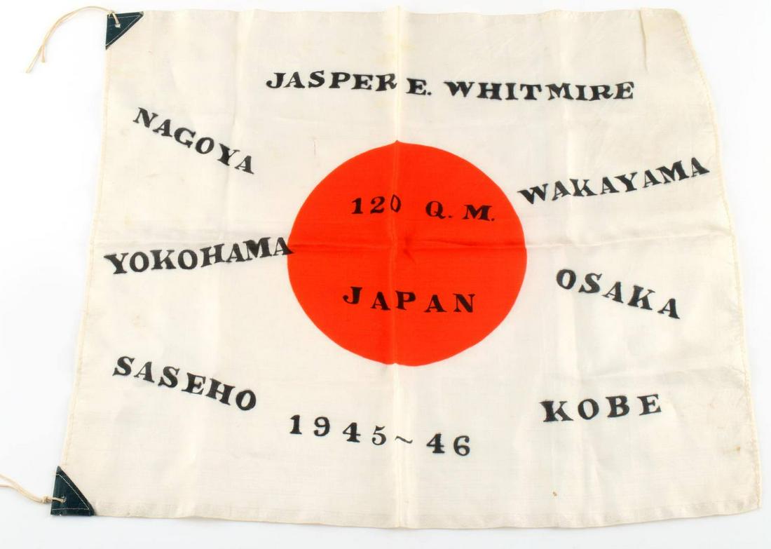 WWII JAPANESE CAMPAGIN COMMEMORATIVE SILK FLAG: WWII Japanese campaign commemorative flag. Reads "Jasper E. Whitmore" with all of the cities he presumably served in during the campaign below it. Measures 36 X 26 inches. Does not fluoresce under bla