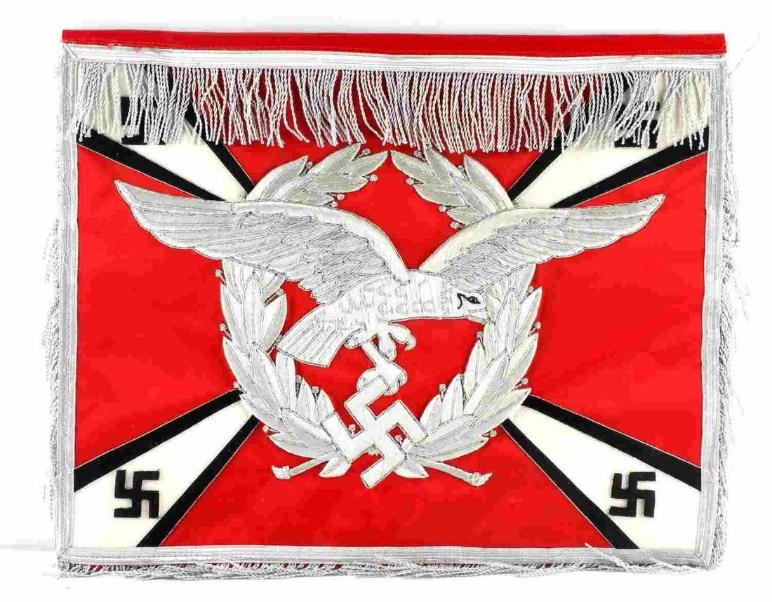 WWII GERMAN THIRD REICH LUFTWAFFE TRUMPET BANNER: WWII German Luftwaffe trumpet banner flag. Reads "flakregiment 15" and has a Luftwaffe eagle on front and back. Measures approximately 16 X 20 inches. Very good condition. Unauthenticated; sold as is.