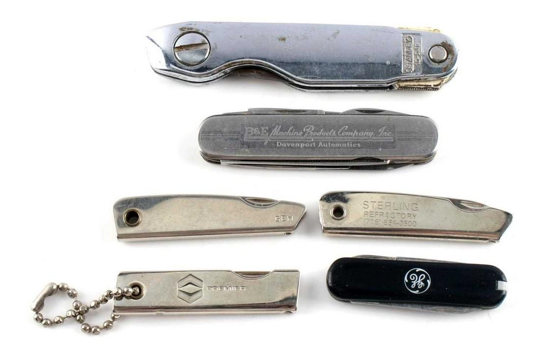 LOT OF 6 ASSORTED FOLDING POCKET KNIVES KNIFE TOOL: All silver tone except GE one. Some names include: GEM, Sterling Refractory, GE, Stanley, Empire Specialty Co. Solingen Germany (broken tip to one blade), and Premier keychain. Fair to good condition.