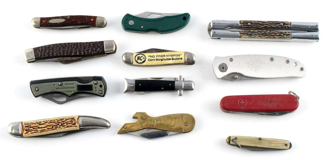 LOT OF 12 FOLDING POCKET KNIVES KNIFE DIFF BRANDS: Some names include: Nox, Colonial, Japan, Victorinox, Imperial Ireland, Frost Cutlery, Novelty Cut, and more. Some blades have oxidation and wear. Fair to good condition.