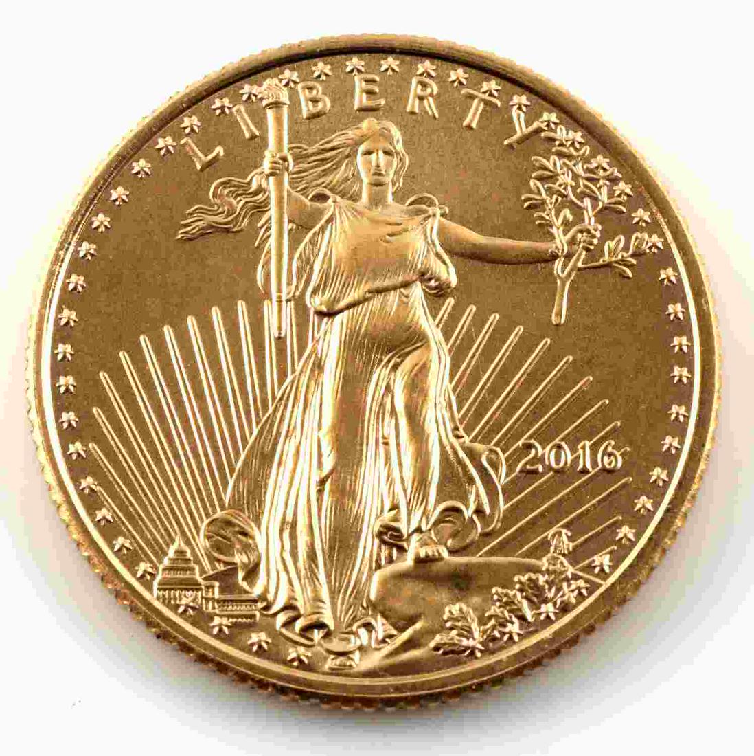 2016 1/10 OZ AMERICAN GOLD EAGLE COIN BU: American Gold Eagle series, brilliant uncirculated, contains 1/10 Troy oz of actual gold content.