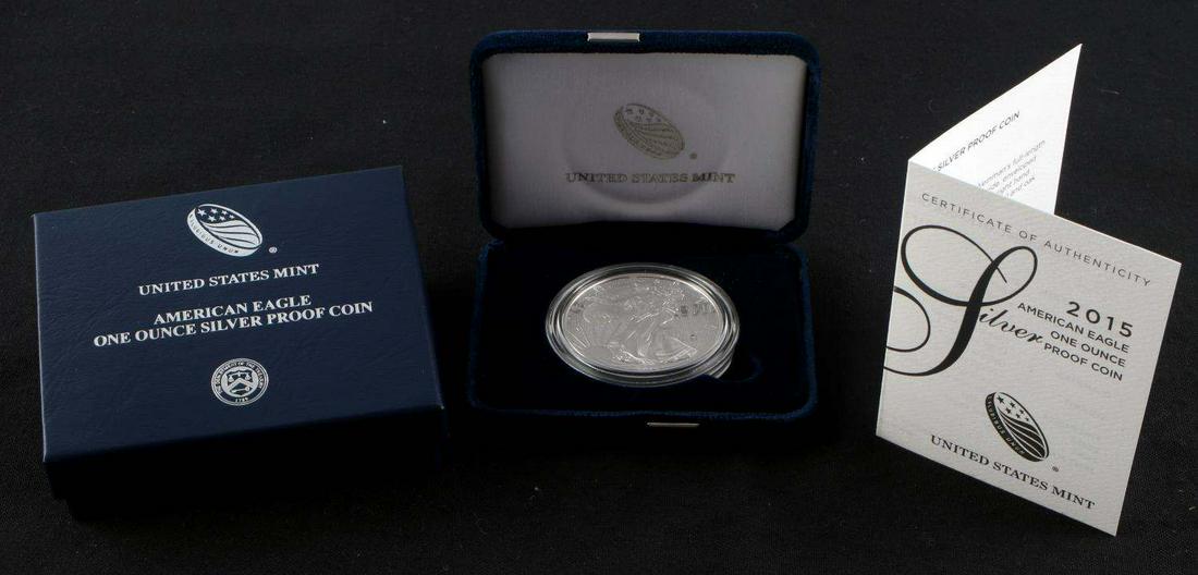 2015 W AMERICAN EAGLE 1 OZ SILVER PROOF COIN: In original U.S. Mint presentation box with COA. Proof finish with West Point mint mark.
