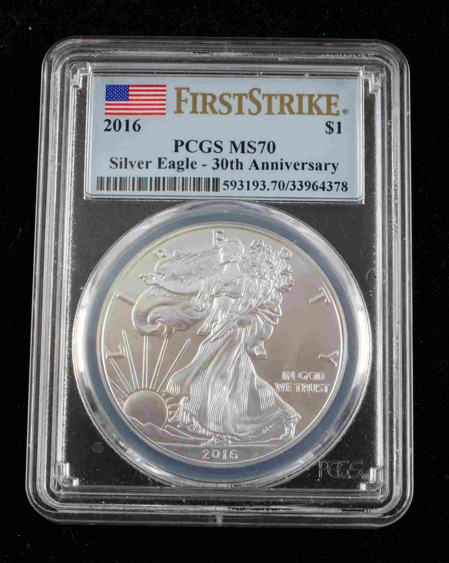2016 1OZ SILVER EAGLE FIRST STRIKE PCGS MS 70 COIN: 30th Anniversary Silver Eagle, First Strike, PCGS graded and encapsulated, MS70.