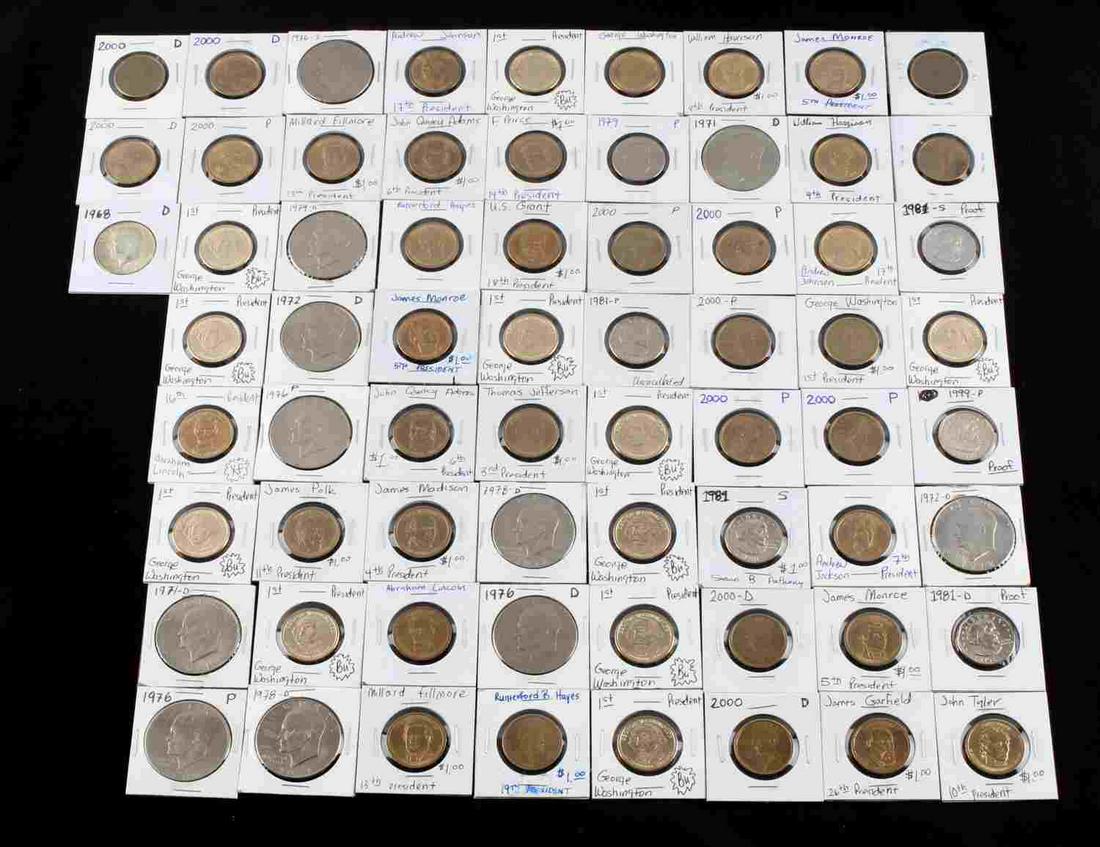 ANTHONY SACAGAWEA PRESIDENTIAL EISENHOWER 1$ LOT: Lot includes 11 Eisenhower dollars, 13 Sacagawea dollars, 36 Presidential dollars, 1 1968 D Kennedy, 3 Anthony and 3 proof Susan B. Anthony.