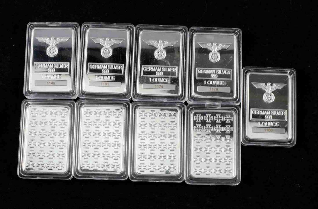 9 WWII THIRD REICH 1 OUNCE GERMAN SILVER BAR LOT: 9 encapsulated German silver bullion bars. German silver is a combination of Copper, Zinc, and Nickel.
