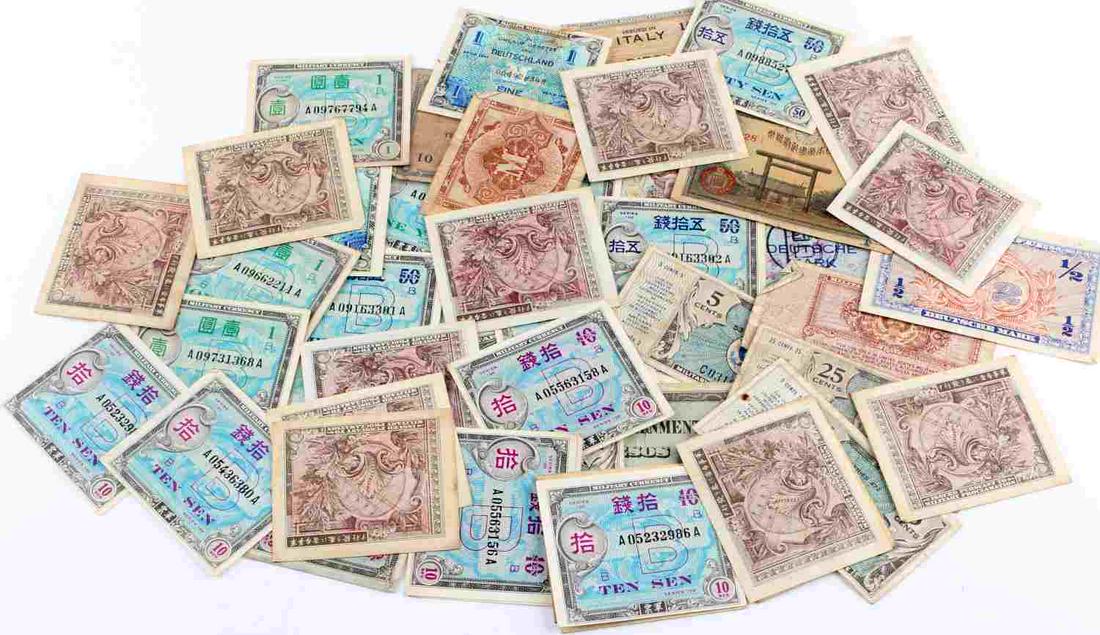 30 U.S. MILITARY OCCUPATION CAMPAIGN MPC CURRENCY: Lot contains various currencies used by the U.S. military in times of occupation. Currency includes yen, yuan, German marks, and more. Circulated condition.