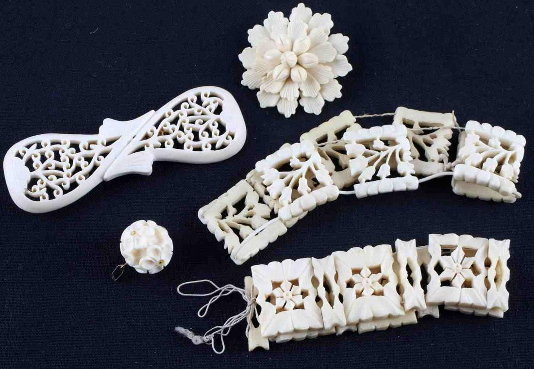 ANTIQUE CARVED BONE BROOCH & BRACELET LOT: Antique, hand-carved Asian bone jewelry lot with 2 brooches (4-10mm each) and 2 multi panel bracelets (7-8 inches each), and 1 floral bead (18mm) pendant with gold fill accents.