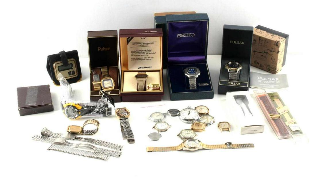 LOT OF VINTAGE ASSORTED WRISTWATCHES & PARTS: Some names include: Seiko, Bulova, Pulsar, Armitron, Phasar, Timex, Fisher Scientific pocket watch, watch bands, vintage wallet clock, and more. Some complete watches and some cases. Around 18 pieces.