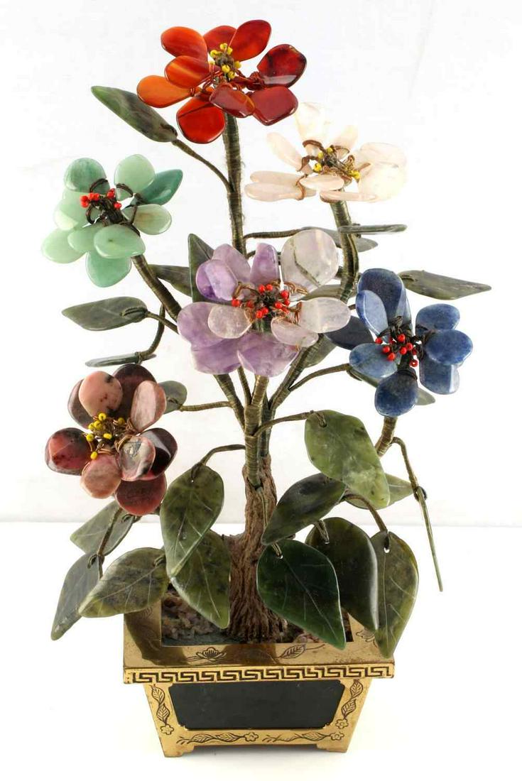 VINTAGE ASIAN JADE GEMSTONE TREE: Peony flowering trees, symbolic of riches and honor. The multi colored blossoms are hand carved out of rose quartz, Henan jade and semi-precious stone. Woven fabric covers flexible wire branches that 