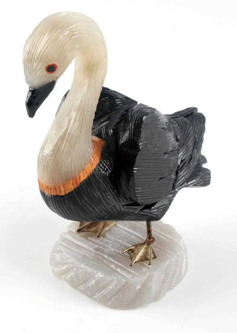 CARVED NATURAL STONE GEMSTONE WATER FOWL FIGURE: Carved natural gemstone water bird, possibly homage rendering to the snow goose. Dimensions 4 by 3 by 2 3/4 inches, in good condition.