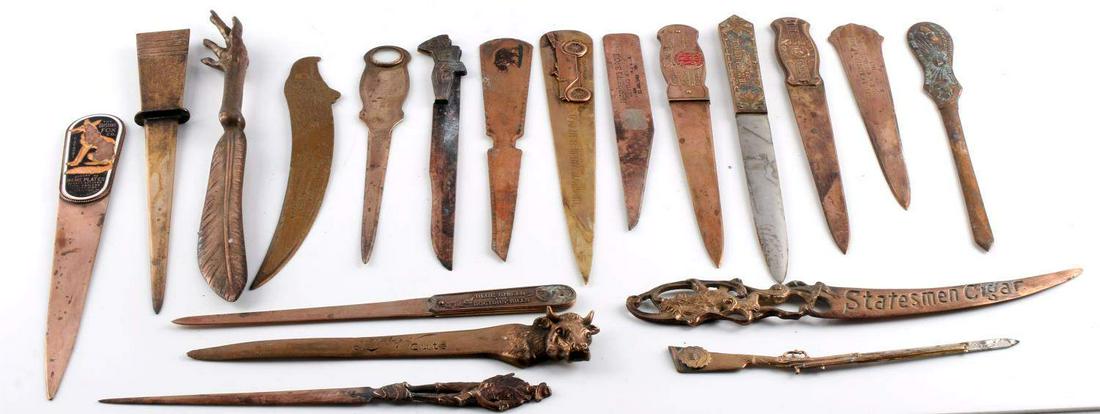 LOT OF 19 VINTAGE BRASS ADVERTISING LETTER OPENERS: Some names include: Lion Bonding & Surety Co, Libby's Cuts, Desmond-Stephan Mfg. Co, The Toledo Rex Spray Co, The Gustav Fox Co, Blue Shield for Doctor's Bills, and more. Measure 7 - 10 inches long. G