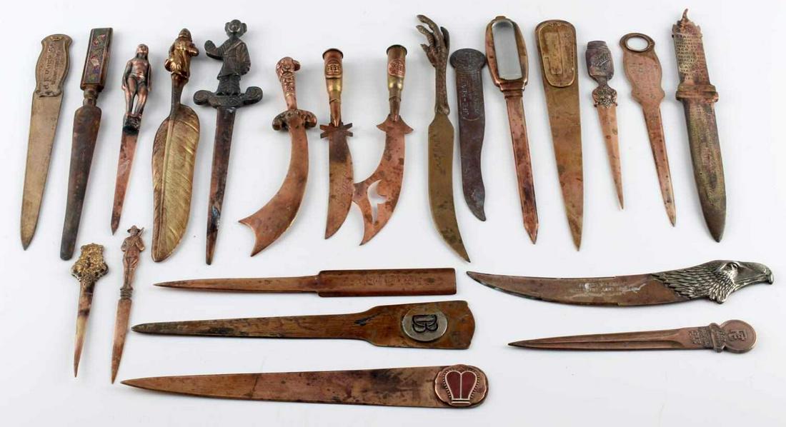 LOT OF 22 VINTAGE BRASS ADVERTISING LETTER OPENERS: Some names include: Ball Bros. Glass Mfg Co, Jewett & Sowers Oil Co, Captain John Smith, Cabot Tower Bristol, Gladstone Venetian Blind Corp, couple trench art pieces, and more. Measure 7 - 9 inches. G