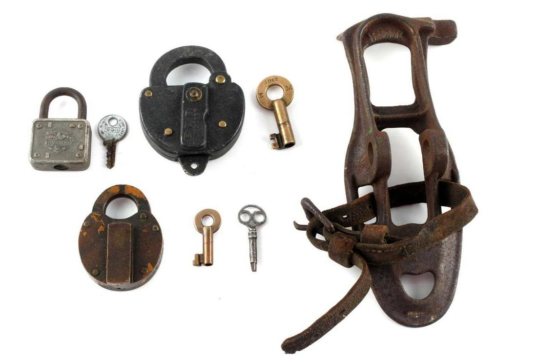 EARLY LOCK & KEY LOT W JOHN DEERE PEDAL RELEASE: 5 items: Pennsylvania Railroad Slaymaker with key (4 3/8 inches), Master Lion with key, Wilson Bohannan Marion, OH with key, sewing machine key, and an early John Deere horse drawn binder foot pedal r