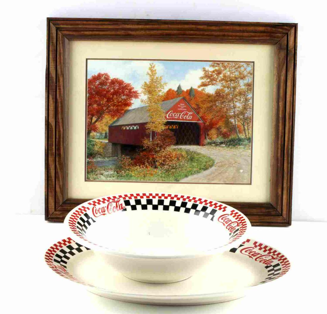 COCA COLA ADVERTISING GIBSON NOVELTY BOWL PLATTER: Gibson 1996 Coca-Cola Bowl:10 inch diameter, Platter: 10 X 13 inches. Lot includes Coca Cola covered bridge advertising print by Robert Doares.