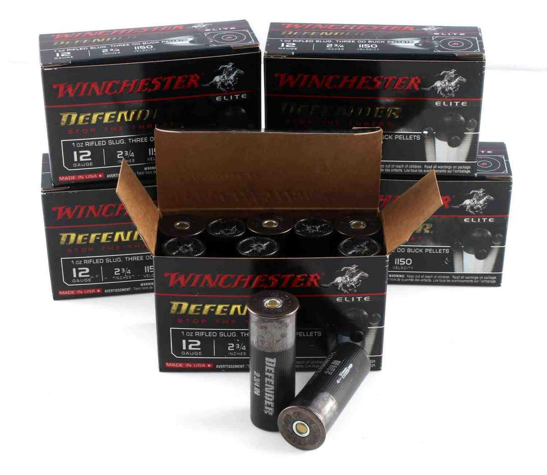 LOT OF 50 WINCHESTER 12 GAUGE RIFLED BUCKSHOT: Five boxes of 12 gauge 2 3/4 inches 1150 velocity buckshot with 1 oz rifled slug and 3 "00" buck pellets.