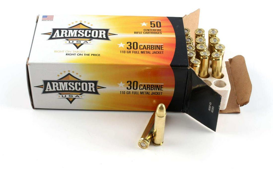 50 ROUNDS OF ARMSCOR 30 CARBINE AMMUNITION: A box of Armscor .30 carbine ammunition. 110 grain fmj.