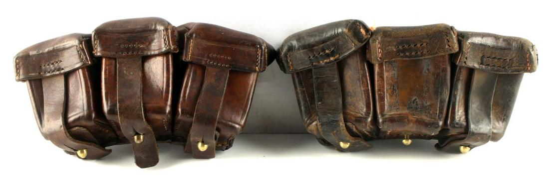 WWII LEATHER 3 PART MAUSER AMMO POUCHES LOT OF 2: Fine worn leather with round brass buttons. One pouch is missing center strap, but has belt loop to reverse. Other pouch is complete with no loop at back. Measures 9 inches wide. No maker markings. Ve