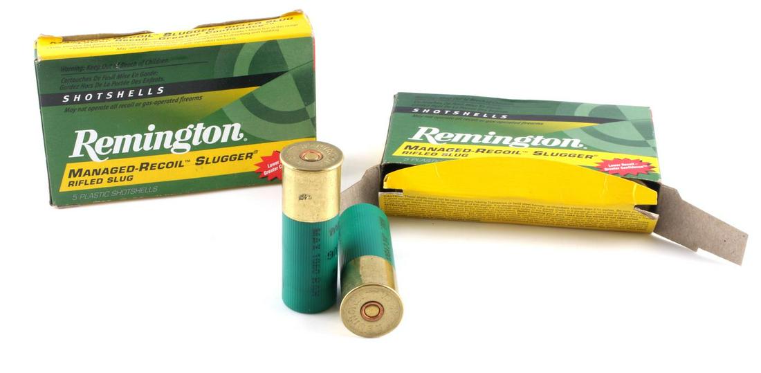 10 ROUNDS SLUGGER 12 GAUGE REMINGTON RIFLED SLUG: Boxed 12 gauge shot shells.