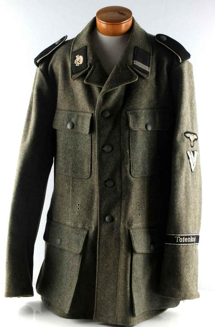 WWII GERMAN THIRD REICH OFFICER TOTENKOPF TUNIC: Third Reich Officer uniform with fluorescing totenkopf collar tab, Non-fluorescing cuff title, fluorescing shoulder boards. Non-fluorescing Parteiadler and V. Non-fluorescing tunic. Internal marked "4