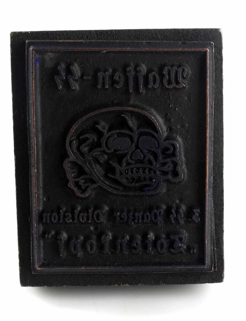WWII THIRD REICH GERMAN WAFFEN SS PANZER STAMP: 3 SS Panzer division, Waffen SS wooden stamp, 2 piece. Top easily detaches from bottom. Measures 3.25 inches long. Good condition. Unauthenticated, sold as is.