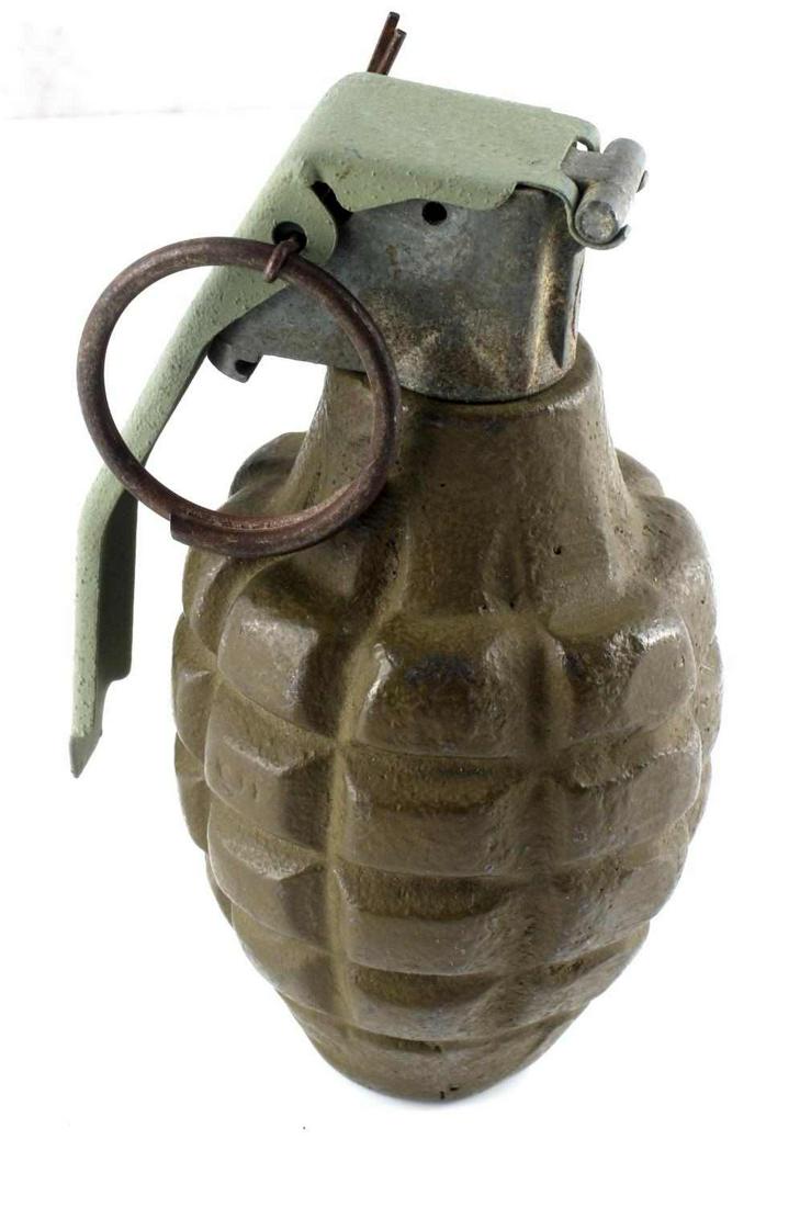 WWII US MILITARY PINEAPPLE GRENADE INERT: Measures 4.5 inches long. Number 5 marked to side. No other markings.