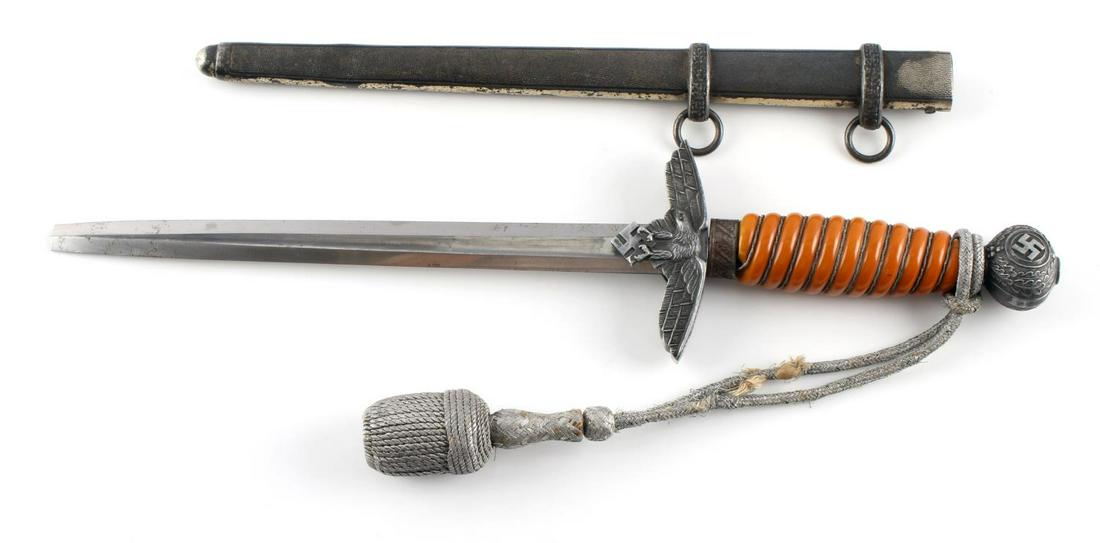 WWII GERMAN THIRD REICH LUFTWAFFE HEER DAGGER: Luftwaffe Heer dagger. Tip is broken. Grip spins on tang. Portepee fluoresces slightly. Measures 14 1/4 inches. Marked Alcoso Solingen. Good condition. Unauthenticated, sold as is.