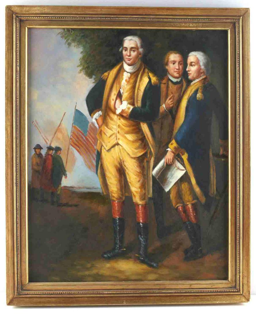 AFTER CHARLES PEALE GEORGE WASHINGTON YORKTOWN: Homage painting to Washington, Lafayette, and Tilghman at Yorktown by Charles Willson Peale (1741-1827) original painted in 1784. This lateroil on canvas, is in very good condition, craquelure through