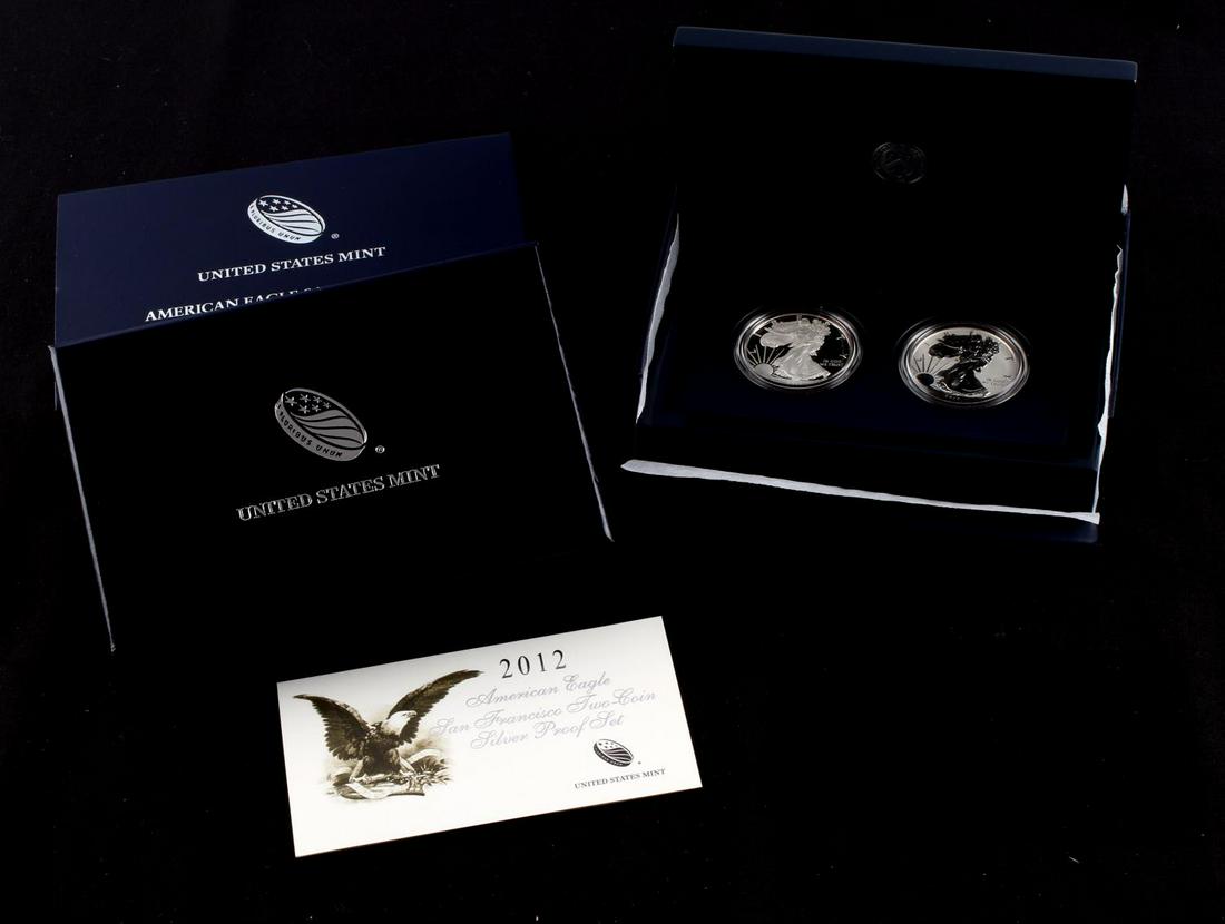 AMERICAN EAGLE SAN FRANCISCO SILVER PROOF SET: Two 2012 San Francisco minted silver proof coins in original U.S. Mint presentation box and packaging.