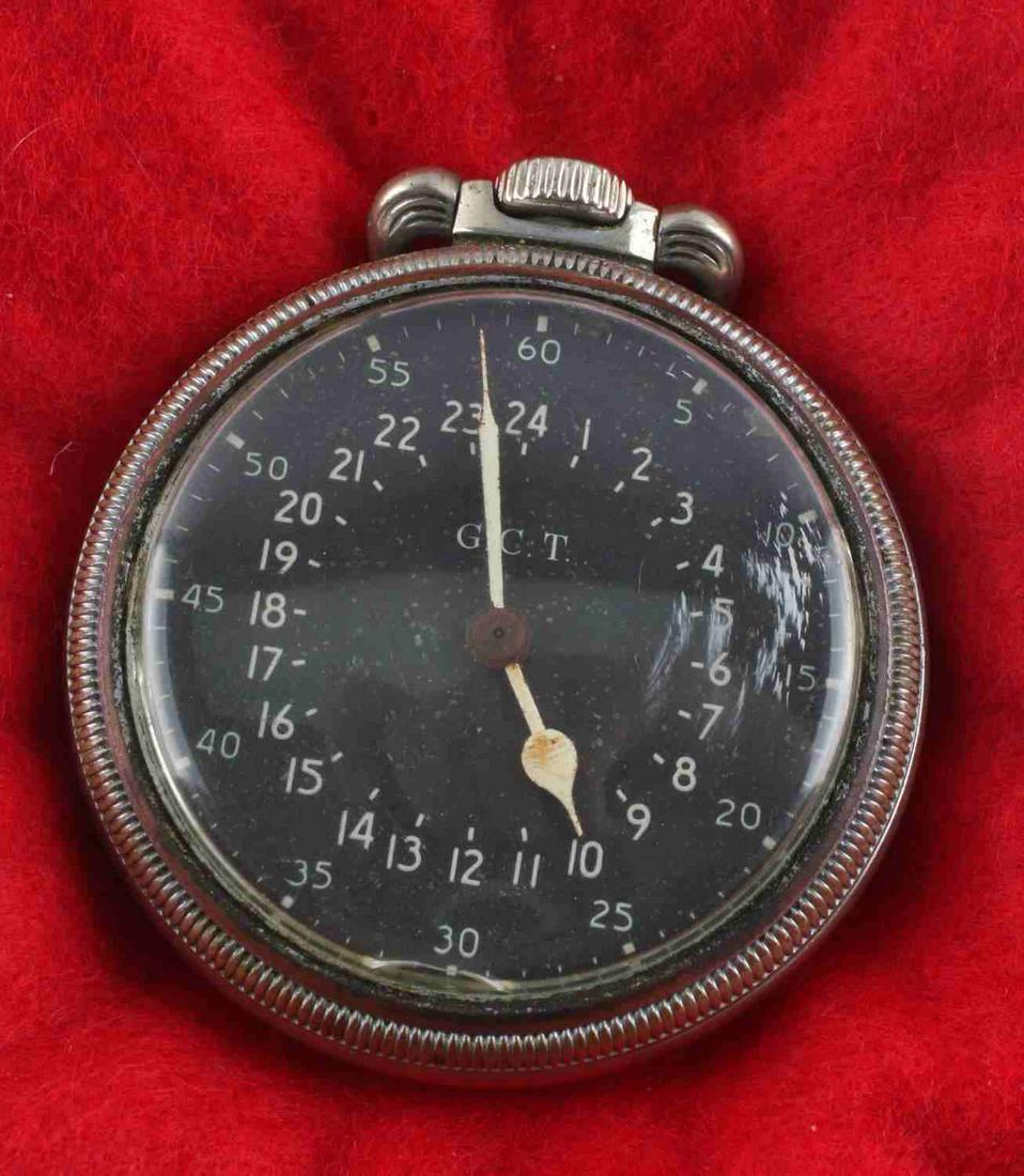 WWII US G.C.T HAMILITON MILITARY POCKET WATCH: Running 1941 Hamilton 4992B 22 Jewel in keystone base metal case. Possible rust in the center where hands meet. Missing one hand. Crystal has a crack on the bottom portion. Measures 51.45mm. Good cond