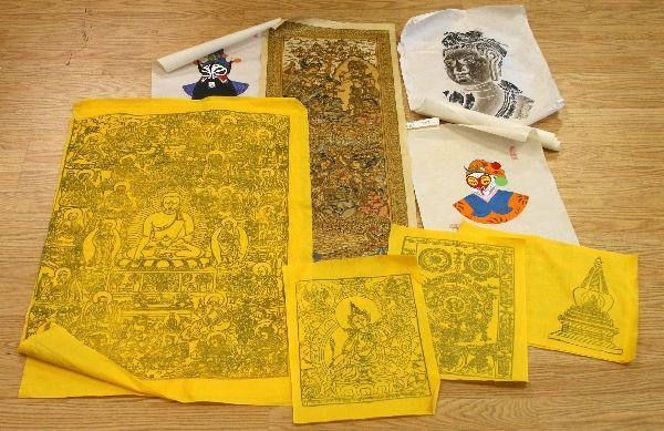 CHINESE & INDIAN PRINT W/ BUDDHIST PRAYER FLAG LOT: 34x 12 5/8 inch ink on paper Indian picture with male and female characters, three 15 3/8x 11 3/8 inch watercolor on paper depicting Chinese facial paintings, a 17 1/2x 14 inch ink on paper bust of Bu