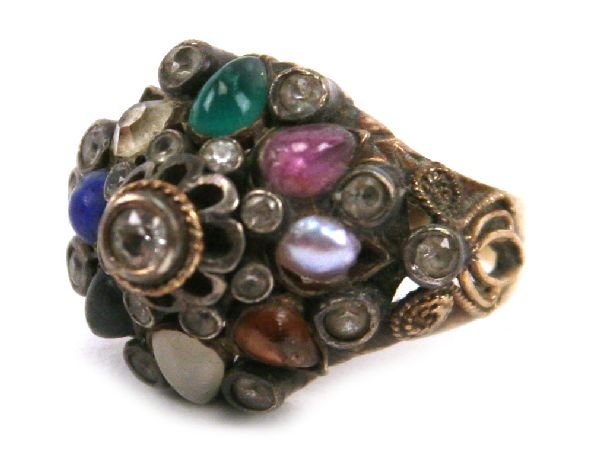 LADIES ASIAN STYLE 18K SPINEL RING: Ladies size 5 1/2 intricate 18K yellow gold ring with spinel and other semi precious stones. Total weight of the ring is 6.29 g. Ring is in very good condition with all stones intact.