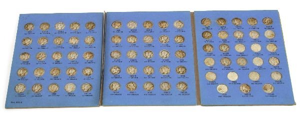 WHITMAN MERCURY DIME BOOK 1916 TO 1945: A collection of 77 Mercury dimes from 1916-1945 with key dates 1921 and 1921D. The collection is missing 1916D with a duplicate 1945. Dimes are in good condition with some discoloration in Whitman alb