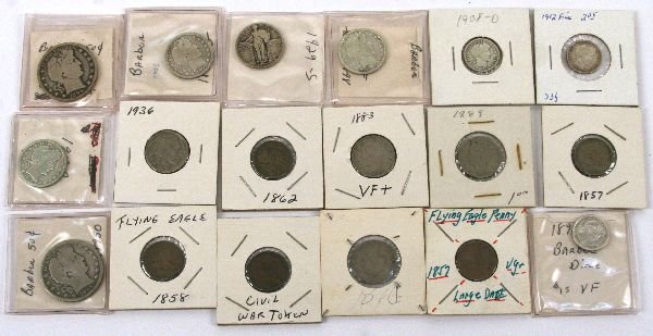 US COIN COLLECTION FLYING EAGLE TO BARBER HALF: A useful grouping of U.S. coinage consisting of 18 coins to include: a Civil War token a Dix variety in VF. The other coins by date and approximate grade are: 1857 flying eagle cent in VF, large date 
