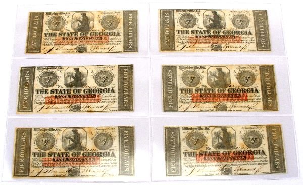1862 $5 STATE OF GEORGIA NOTE LOT 6 SEQUENTIAL: A rare grouping of 1862 Georgia sequential serial number obsolete currency, serial numbers 42434 to 42437 then a second grouping 42446 and 42447.