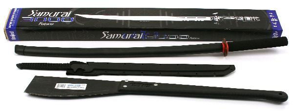 JAPANESE REENACTORS SWORD LOT SAMURAI 3000: 40 inch plastic and foam practice katana, Japanese style black steel sword with 17 inch blade and plastic scabbard, 32 inch two handed machete with 12 inch blade, all in very good condition. Samurai 3