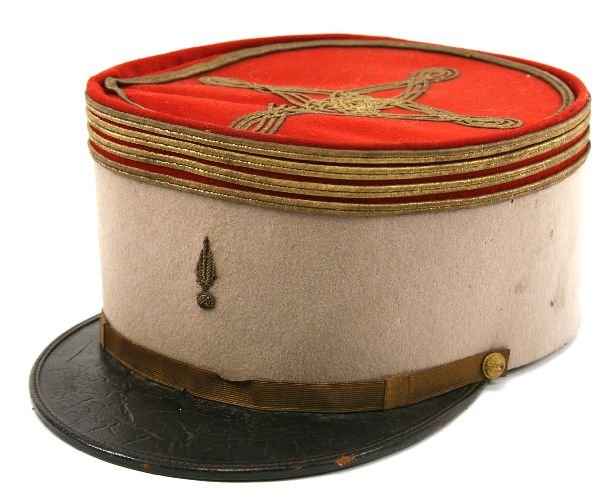 FRENCH SENIOR OFFICERS MILITARY KEPI: Vintage Kepi. Scarlet crown with four rows of gold bullion wire around the top, Bullion cross and further bullion ring on the crown. The beige band with bullion flaming grenade and gilt chinstrap. Two