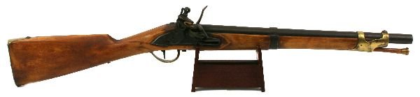 BLACK POWDER FLINTLOCK CARBINE: Black powder flintlock carbine, 33.5 inches overall. Good usable condition.