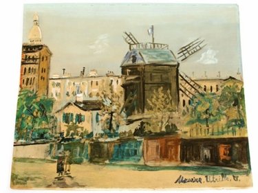 WATERCOLOR PAINTING SIGNED MAURICE UTRILLO: Maurice Utrillo 1883 - 1955. Mixed media watercolor painting over print, of a town scene signed "Maurice Utrillo". Painted to stiff paper and measuring almost 18 x 15 inches. Partial French tax seal t