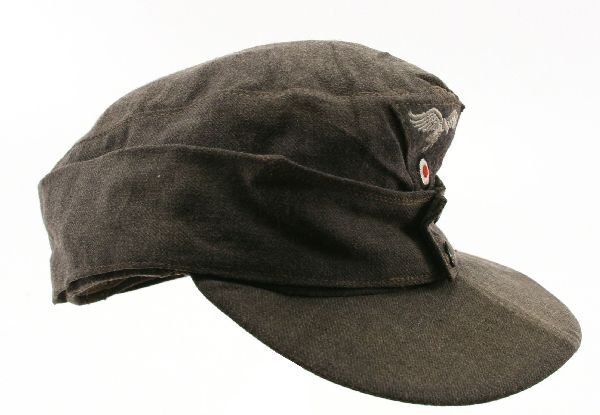 WWII GERMAN LUFTWAFFE EM/NCO'S M43 FIELD CAP: WWII GERMAN LUFTWAFFE EM/NCO'S M43 FIELD CAP Light weight, Luftwaffe blue/grey, wool/rayon, blend construction cap. Liner marked "58" and "1944". Light service wear and some staining. (Dusty). No moth