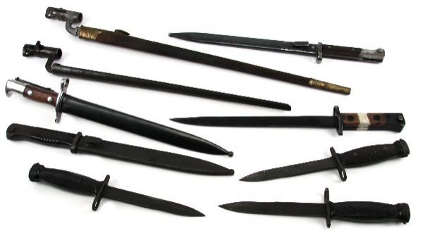 BAYONET LOT OF 9 EUROPEAN & US: BAYONET LOT OF 9 EUROPEAN & US To include: Czech Mauser. K98 with matching numbers, Waffenampt stamped. British Martini Henry socket Bayonet with scabbard. US Springfield socket with metal scabbard. A