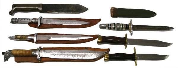 KNIFE LOT OF MEXICAN MADE INCLUDING BOWIE: KNIFE LOT OF MEXICAN MADE INCLUDING BOWIE Small lot of mainly Mexican made, vintage knives. 10 inch Bowie, 8 inch double edged, 6.5 inch double edged, 7.5 inch double edged, each with etched design wo