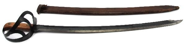 MODEL 1911 DUTCH KLEWANG NAVAL CUTLASS: MODEL 1911 DUTCH KLEWANG NAVAL CUTLASS Dutch colonial cutlass with a 25 inch blade, pierced cup guard and wood grip. The guard is stamped "172a". Contained in its leather scabbard. EST. $200 - 400