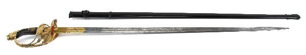 M89 PRUSSIAN OFFICER SWORD W/ GILT DAMASCUS BLADE: M89 PRUSSIAN OFFICER SWORD W/ GILT DAMASCUS BLADE An important sword formally owned by the Count of Mecklenberg-Schwerin, Germany. Damascus Blade of 34 inches with gilded ricasso. The blade with maker