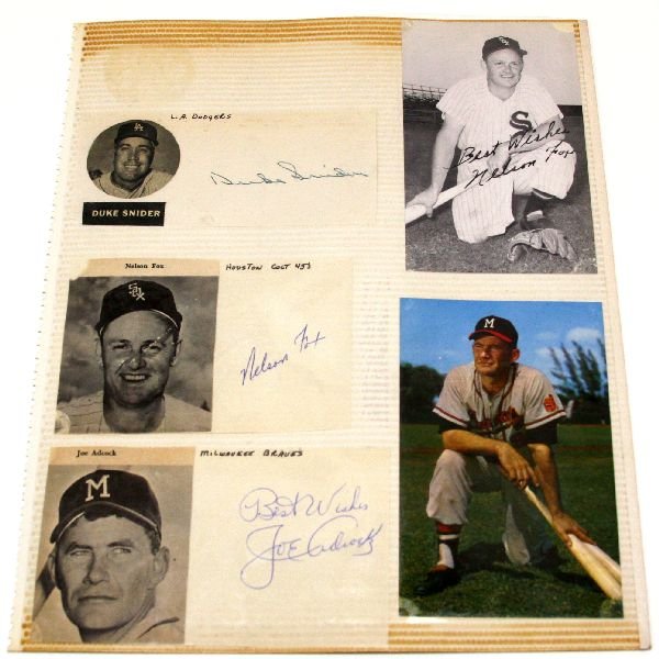 MLB 11 LOT AUTOGRAPHS FROM ALBUM: MLB 11 LOT AUTOGRAPHS FROM ALBUM A lot that includes autographs and pictures from Duke Snider, Nelson Fox (2), Joe Adcock, Pee Wee Reese, Herb Score, Luis Aparicio, Whitey Ford, Maury Wills Elston How