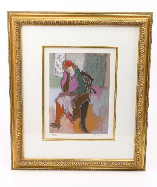 PRINT - TARKEY - WAITING FOR A FRIEND: PRINT - TARKEY - WAITING FOR A FRIEND Signed and numbered print by Itzchak Tarkay. Framed. Numbered 29/45. Frame size 20 x 23.5 inches. EST. $400 - 800