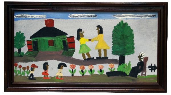 FRAMED CLEMENTINE HUNTER PAINTING: FRAMED CLEMENTINE HUNTER PAINTING Clementine Hunter (1886-1988) African American folk artist painted everyday life scenes from her Louisiana Plantation settings. She has works hanging in museums like 