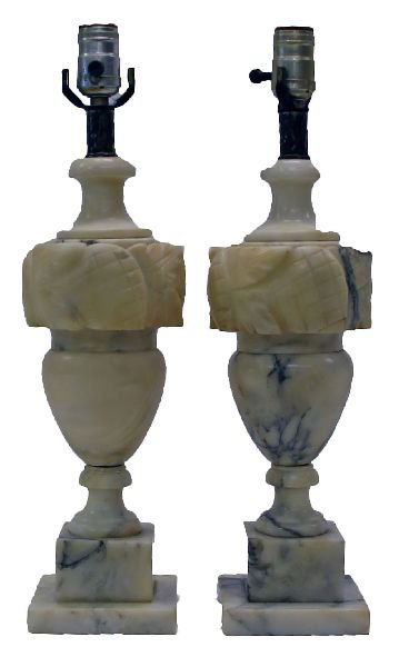 VINTAGE MARBLE TABLE LAMPS PAIR: VINTAGE MARBLE TABLE LAMPS PAIR Unmarked leaf and urn motif table lamps in excellent condition. 19 inches tall without bails. One appears to be rewired. no shades. EST. $150 - 250