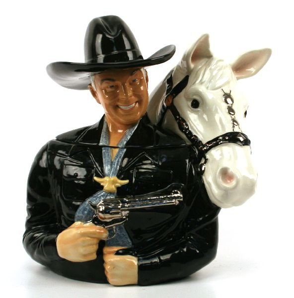 HAPPY MEMORIES HOPALONG CASSIDY COOKIE JAR LTD ED: HAPPY MEMORIES HOPALONG CASSIDY COOKIE JAR LTD ED Happy Memories Collectibles 15 1/2 X 14 1/2 inch Hopalong Cassidy and hid horse Topper ceramic cookie jar with platinum plated pistol. Limited edition
